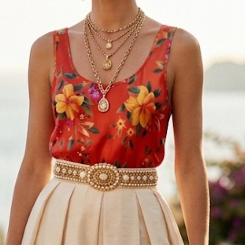 Victoria's Secret‎ Red Floral Tropical Tie Front Satin Camisole Tank Top Medium